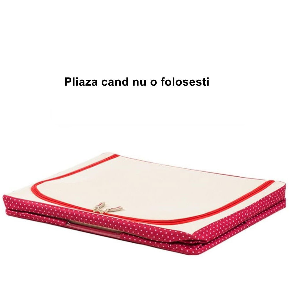 Cutie de Depozitare Pliabila, Flippy, cu Fermoar, 100 L, Textil, 60x42x40 cm, O Fereastra, Cadru Metalic, Suport Baza Stabil din Plastic, imprimeu punctat, Rosu [2]