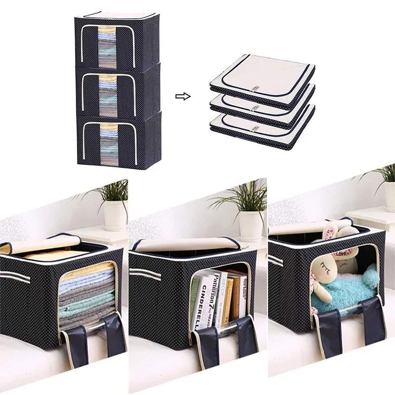 Cutie de Depozitare Pliabila, Flippy, Cu Fermoar, 100 L, Textil, 60x42x40 cm, Albastru Marin, Cadru Metalic, Suport Baza Stabil din Plastic, Imprimeu buline [7]