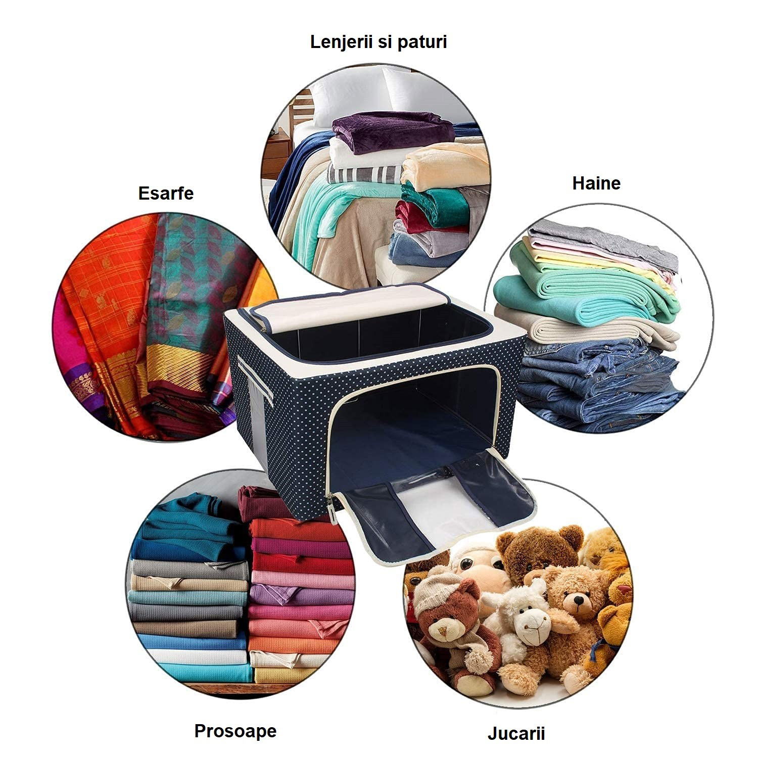 Cutie de Depozitare Pliabila, Flippy, Cu Fermoar, 100 L, Textil, 60x42x40 cm, Albastru Marin, Cadru Metalic, Suport Baza Stabil din Plastic, Imprimeu buline [3]