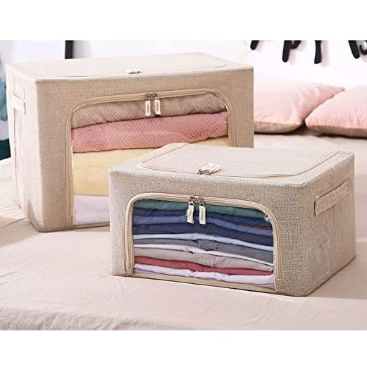 Cutii depozitare - Cutie de depozitare pliabila, Flippy, Cu fermoar, 100 L, Textil, 60x42x40 cm, Cadru Metalic, Suport Baza Stabil din Plastic, Crem cu Doua Ferestre