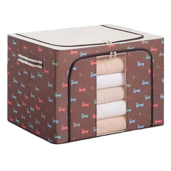 Pentru casa - Cutie de Depozitare Pliabila, Flippy, cu Fermoar, 100 L, Textil, 60x42x40 cm, O Fereastra, Cadru Metalic, Suport Baza Stabil din Plastic, Imprimeu Catelusi, Maro