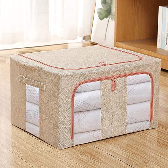 Cutie de depozitare pliabila, Flippy, Cu fermoar, 100 L, Textil, 60x42x40 cm, Cadru Metalic, Suport Baza Stabil din Plastic, Crem cu Doua Ferestre [4]