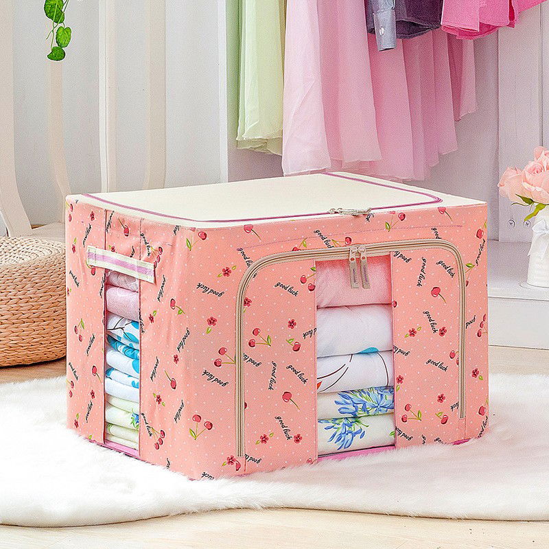 Cutii depozitare - Cutie de Depozitare Pliabila, Flippy, 24 L, Panza Oxford, 40x30x20 cm, Fereastra Frontala, 2 Usi de Acces cu Fermoar Bidirectional, Cadru Metalic, Suport Baza Stabil din Plastic, Imprimeu Cirese, Roz