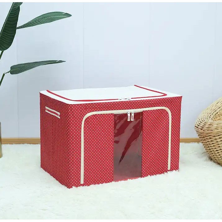 Cutii depozitare - Cutie de Depozitare Pliabila, Flippy, 24 L, Panza Oxford, 40x30x20 cm, Fereastra Frontala, 2 Usi de Acces cu Fermoar Bidirectional, Cadru Metalic, Suport Baza Stabil din Plastic, Imprimeu Buline, Rosu