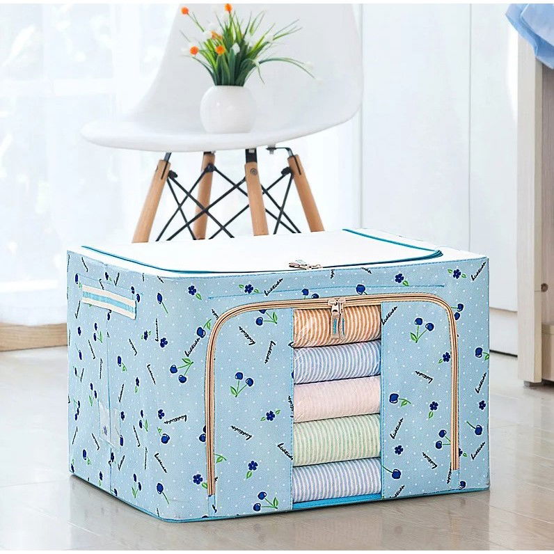 Cutii depozitare - Cutie de Depozitare Pliabila, Flippy, 66 L, din Tesatura Oxford, 50x40x33 cm, Fereastra Frontala, 2 Usi de Acces cu Fermoar Bidirectional, Cadru Metalic, Suport Baza Stabil din Plastic, Imprimeu Cires