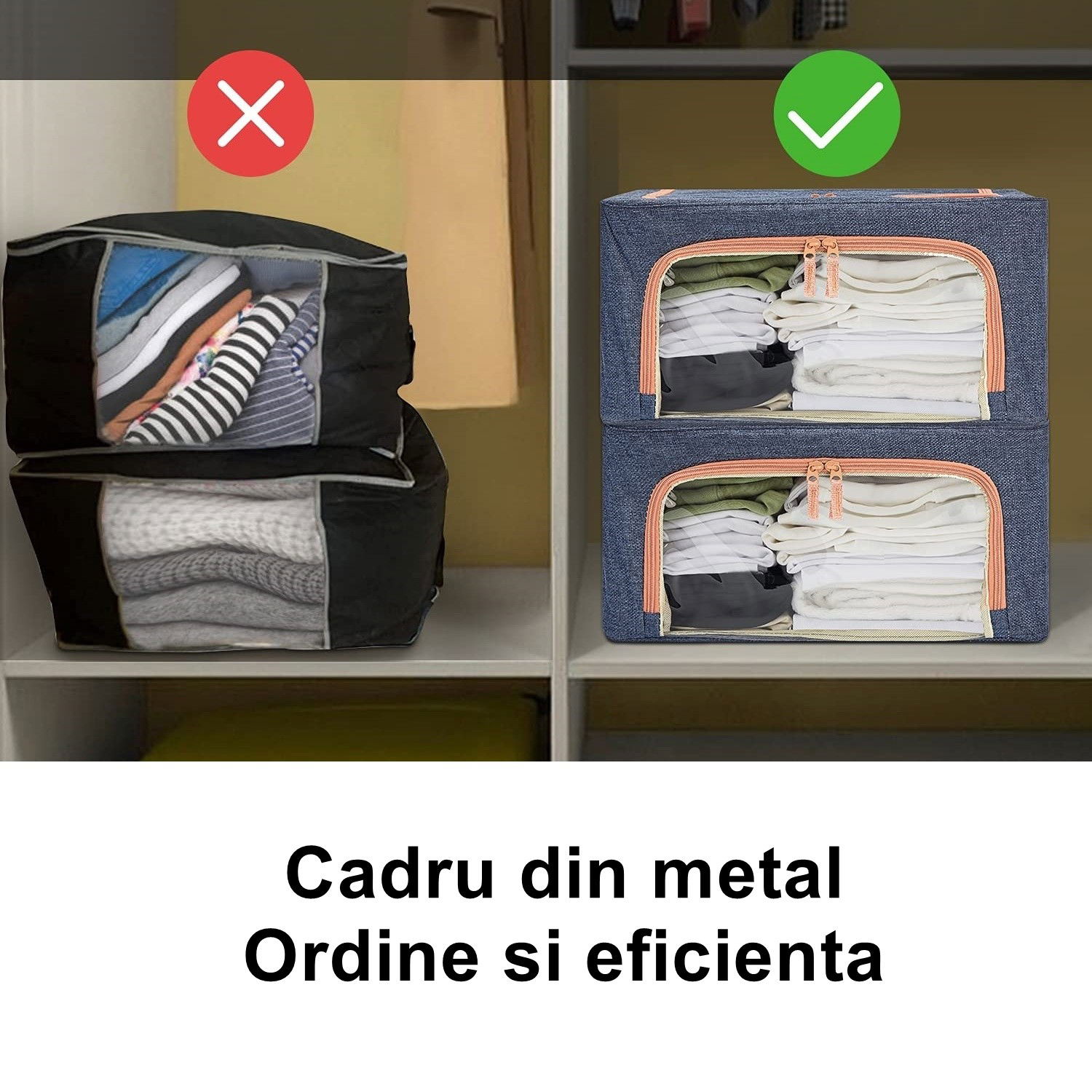 Cutii depozitare - Cutie de depozitare pliabila, Flippy, Cu fermoar, 66 L, Textil, 50x40x33 cm, Albastru Marin, Cadru Metalic, Suport Baza Stabil din Plastic, Cu doua ferestre