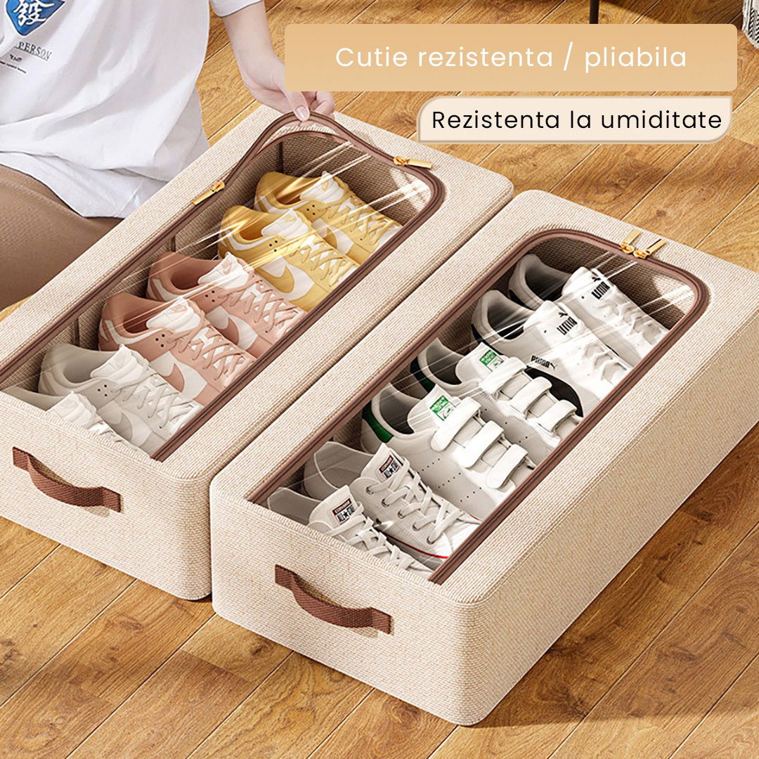 Cutie Depozitare cu Cadru Metalic, Flippy, pentru Incaltaminte, Haine, Lingerie, Fermoar Calitativ, Fereastra Transparenta, Manere Laterale, 60 x 30 x 15 cm Bej [4]