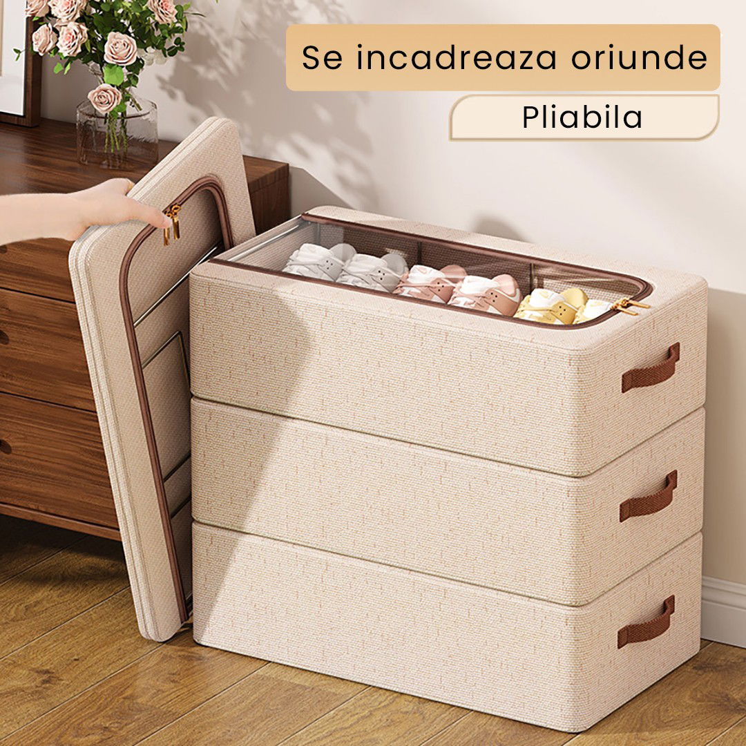 Cutie Depozitare cu Cadru Metalic, Flippy, pentru Incaltaminte, Haine, Lingerie, Fermoar Calitativ, Fereastra Transparenta, Manere Laterale, 60 x 30 x 15 cm Bej [6]