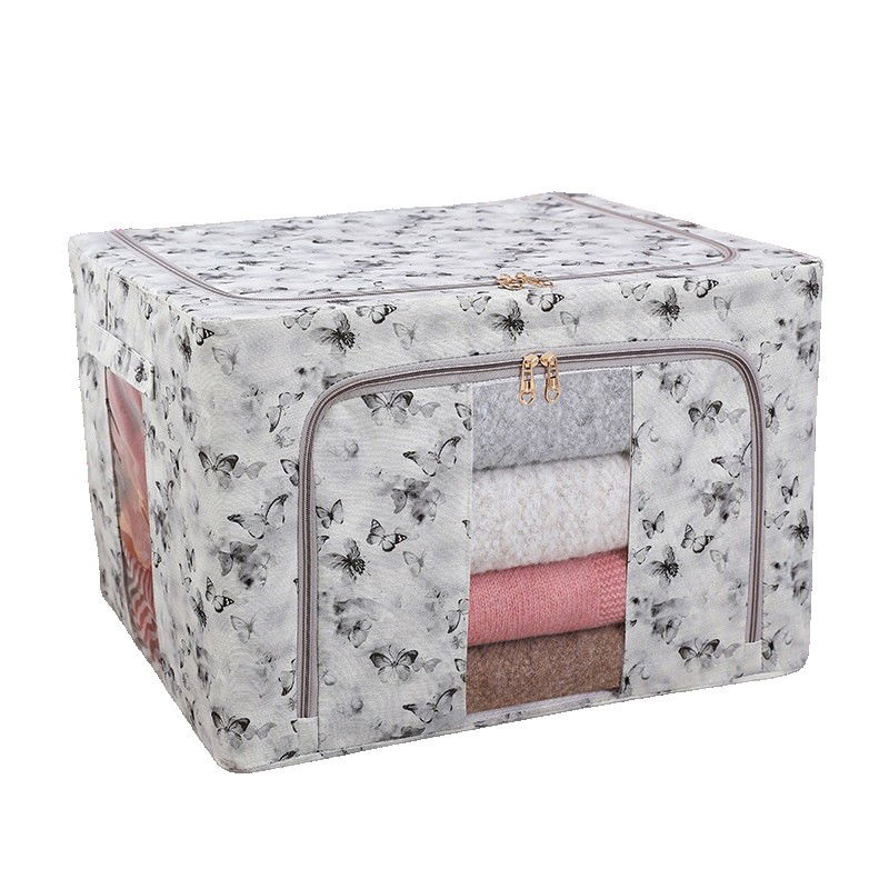 50 - 100 LEI - Cutie Depozitare, Flippy, 66L, din Material Textil, 50 x 40 x 33 cm, pentru Haine si Lenjerii, Model Fluturasi, Gri/Auriu