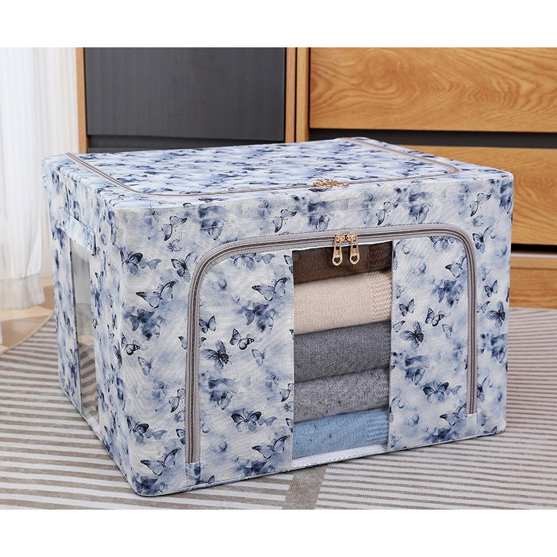 50 - 100 LEI - Cutie Depozitare, Flippy, 66L, din Material Textil, 50 x 40 x 33 cm, pentru Haine si Lenjerii, Model Fluturasi, Albastru