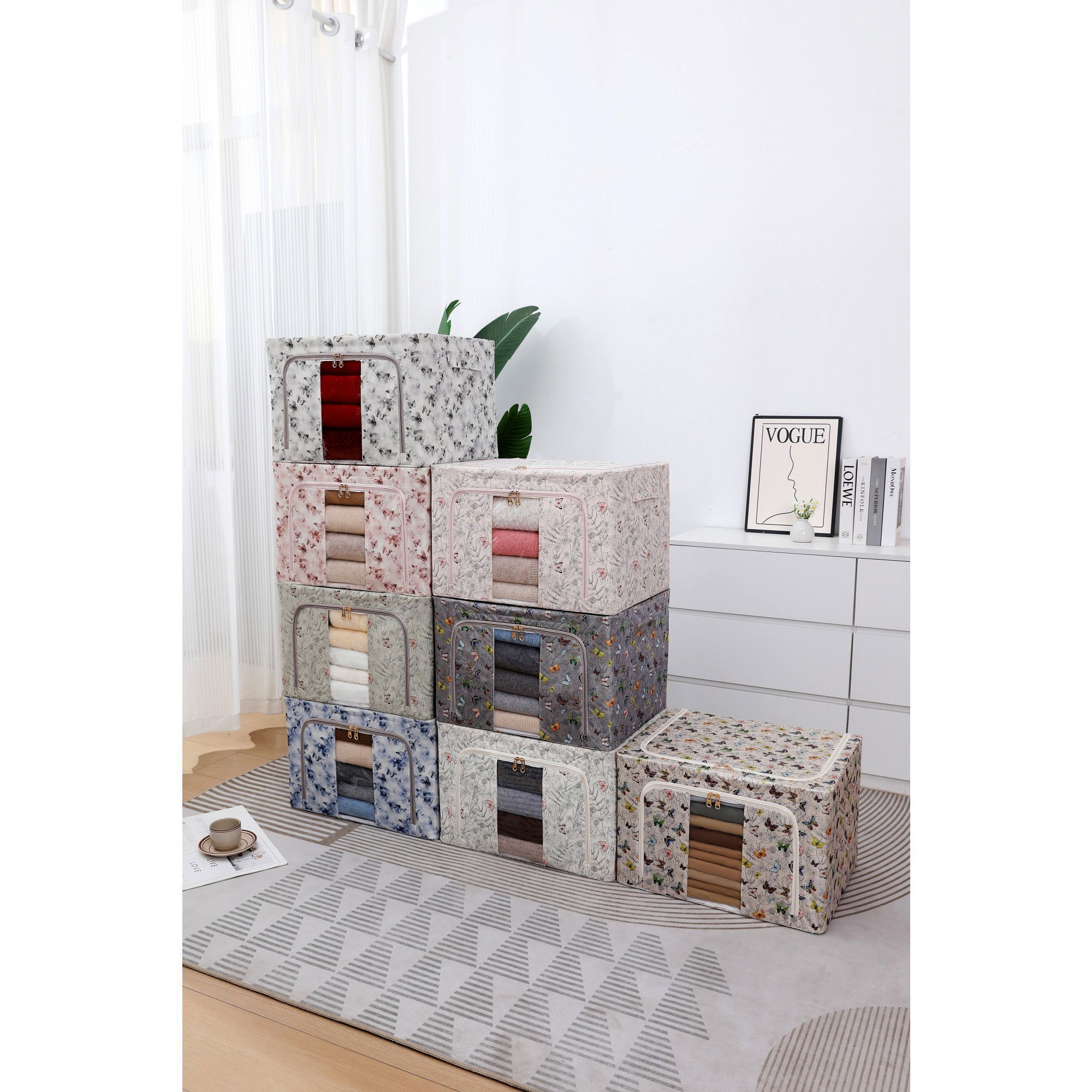 Cutie Depozitare, Flippy, 66L, din Material Textil, 50 x 40 x 33 cm, pentru Haine si Lenjerii, Model Fluturasi, Gri/Auriu [5]