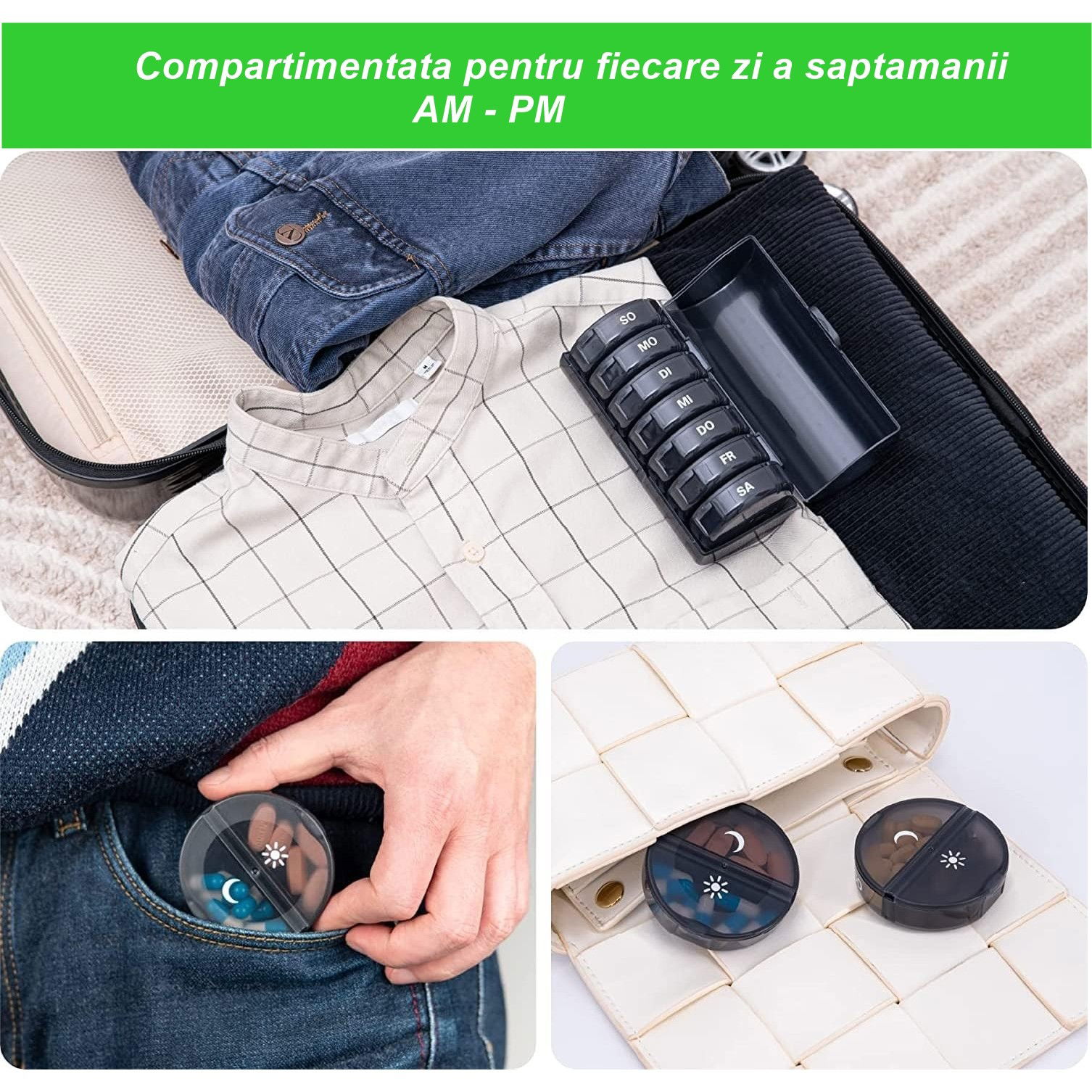 Cutie Depozitare Medicamente, Flippy, 7 Zile, 14 Compartimente, Cutie Suport, Recipiente Detasabile, Portabila, Negru, 17.5x11x9.5 cm [4]