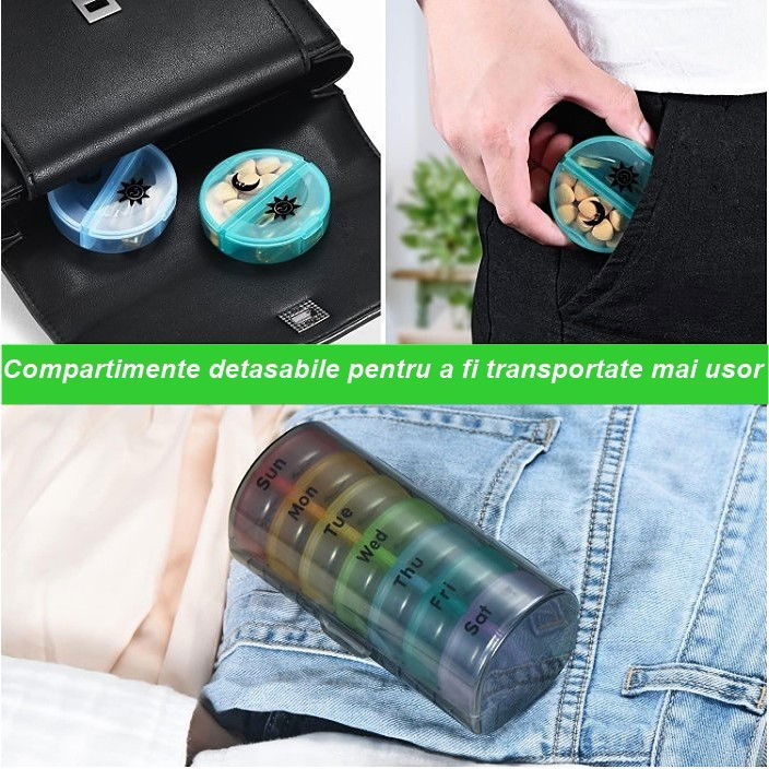Pentru casa - Cutie Depozitare Medicamente, Flippy, 7 Zile, 14 Compartimente, Cutie Suport, Recipiente Detasabile, Portabila, Recipiente Colorate, Suport Negru, 17.5x11x9.5 cm