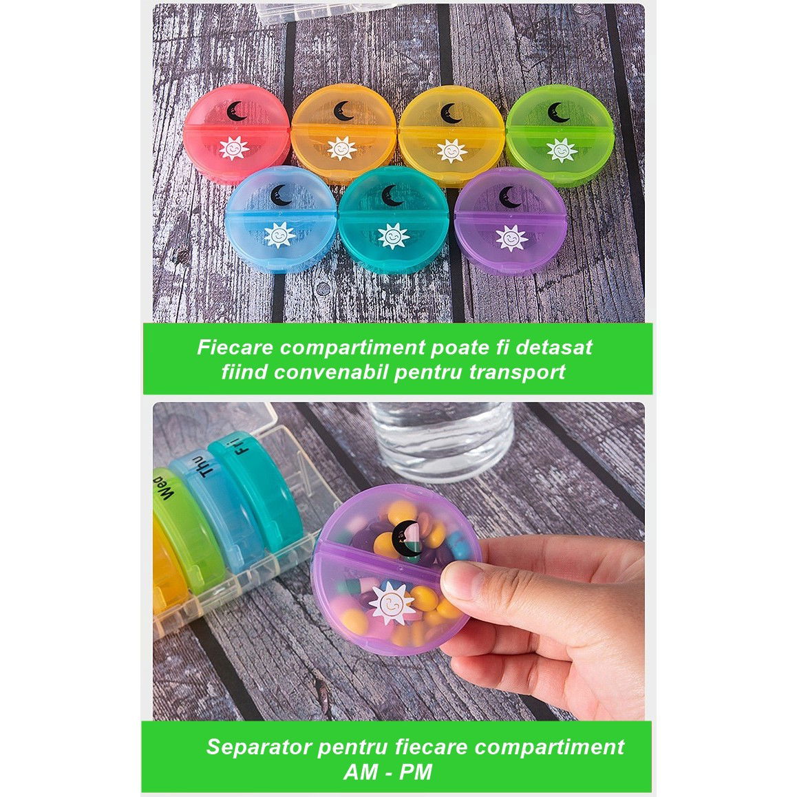 Cutie Depozitare Medicamente, Flippy, 7 Zile, 14 Compartimente, Cutie Suport, Recipiente Detasabile, Portabila, Recipiente Colorate, Suport Negru, 17.5x11x9.5 cm [5]