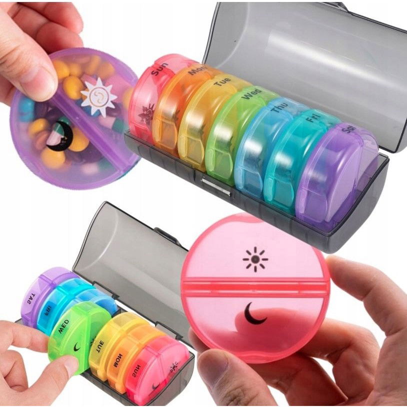 Cutie Depozitare Medicamente, Flippy, 7 Zile, 14 Compartimente, Cutie Suport, Recipiente Detasabile, Portabila, Recipiente Colorate, Suport Negru, 17.5x11x9.5 cm [3]