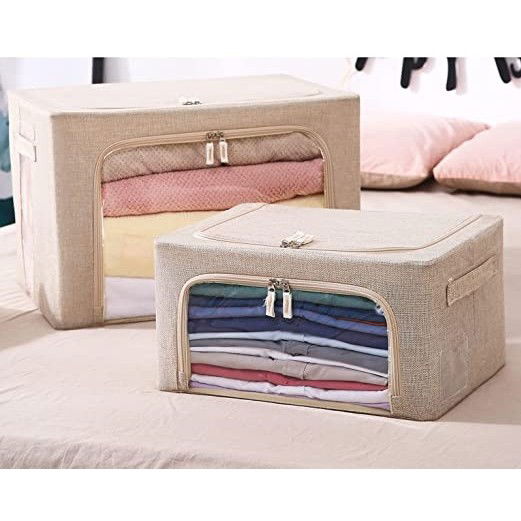 Cutii depozitare - Cutie de depozitare pliabila, Flippy, Cu fermoar, 66 L, Textil, 50x40x33 cm, Cadru Metalic, Suport Baza Stabil din Plastic, Crem