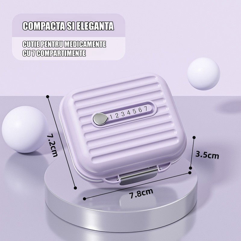 Pentru casa - Cutie Medicamente, Flippy, Mov, 7 Compartimente, Portabila si Compacta, 7.8x7.2x3.5 cm, Ideala pentru Uzul Cotidian