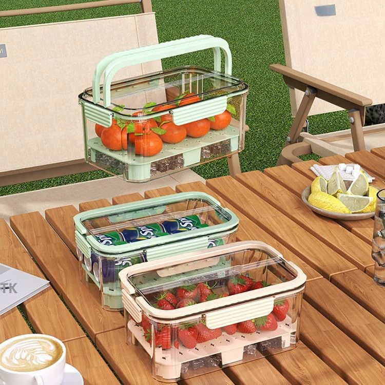 Cutie pentru Depozitare Alimente, Flippy, de Uz Casnic, 2 Compartimente, Zona pentru Gheata, Mentinere Fresh, cu Maner, Material PET, 23x15x10.8 cm, Verde [5]