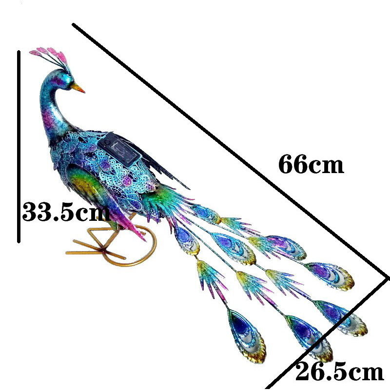 Pasari Decorative din Metal - Decoratiune de Gradina cu Lampa solara, Flippy, Model Paun Pitic, Iluminare Led si Incarcare Solara, 66 x 33.5 x 26.5 cm, din Fier, Albastru Multicolor