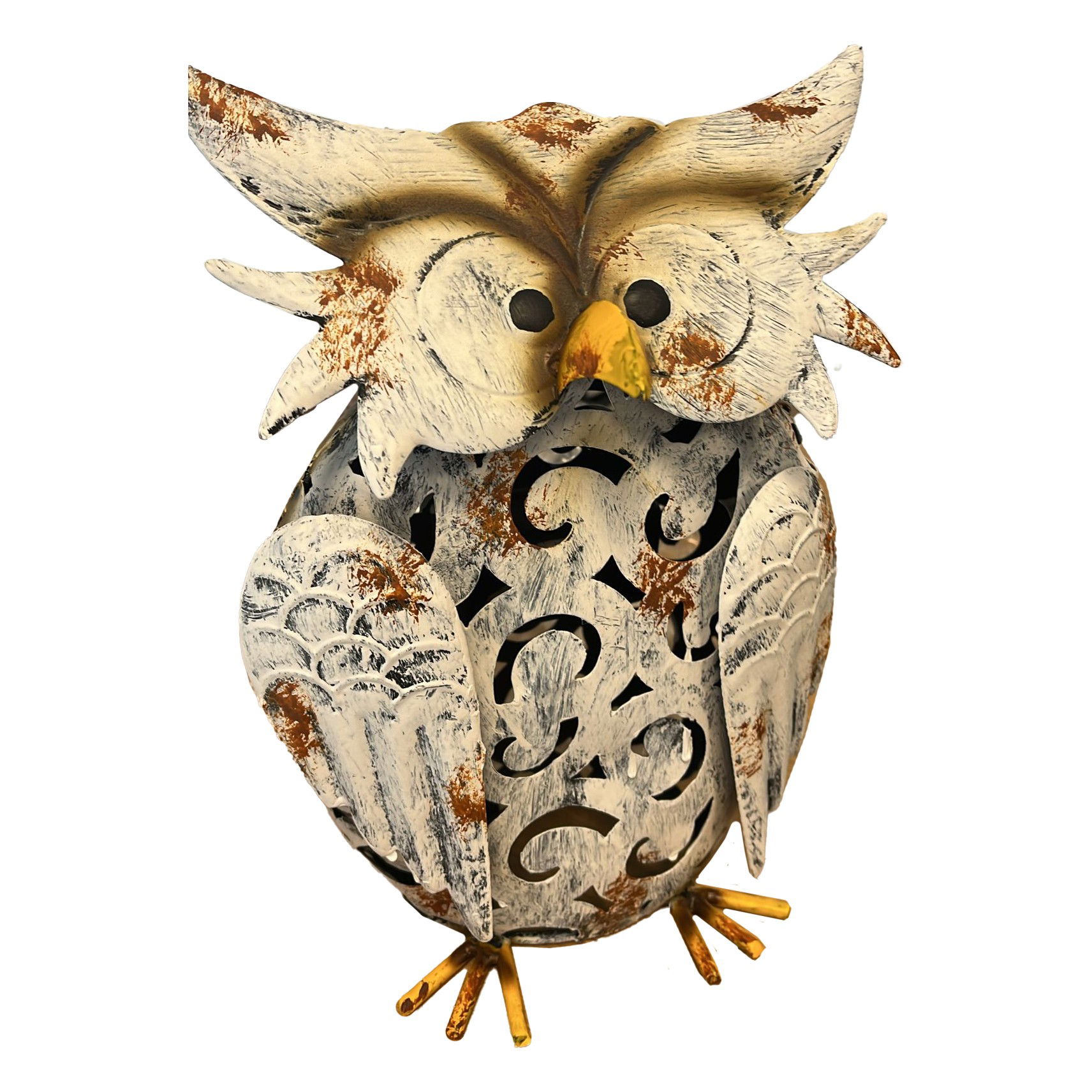 Pasari Decorative din Metal - Decoratiune de Gradina cu Lampa solara, Flippy, Model Bufnita, Iluminare Led si Incarcare Solara, 20.5 x 10 x 25.5 cm, din Fier, Gri Alb