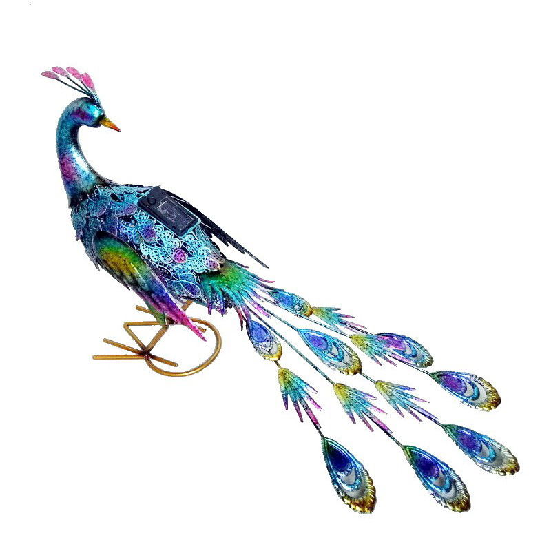 Pasari Decorative din Metal - Decoratiune de Gradina cu Lampa solara, Flippy, Model Paun Pitic, Iluminare Led si Incarcare Solara, 66 x 33.5 x 26.5 cm, din Fier, Albastru Multicolor