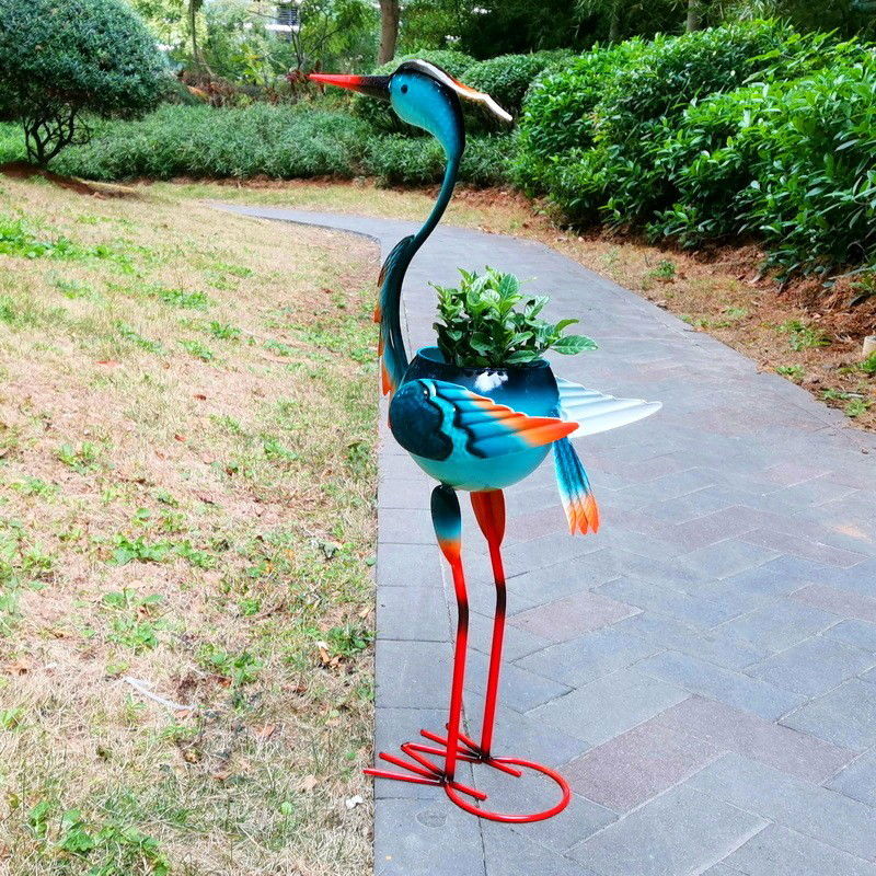 Decoratiune pentru Gradina, Flippy, Flamingo pentru Gradina cu Suport pentru Plante Flori, Ornament de Ghiveci de Flori, Model Flamingo, din Fier, 71 x 34 x 22 cm, Albastru [3]