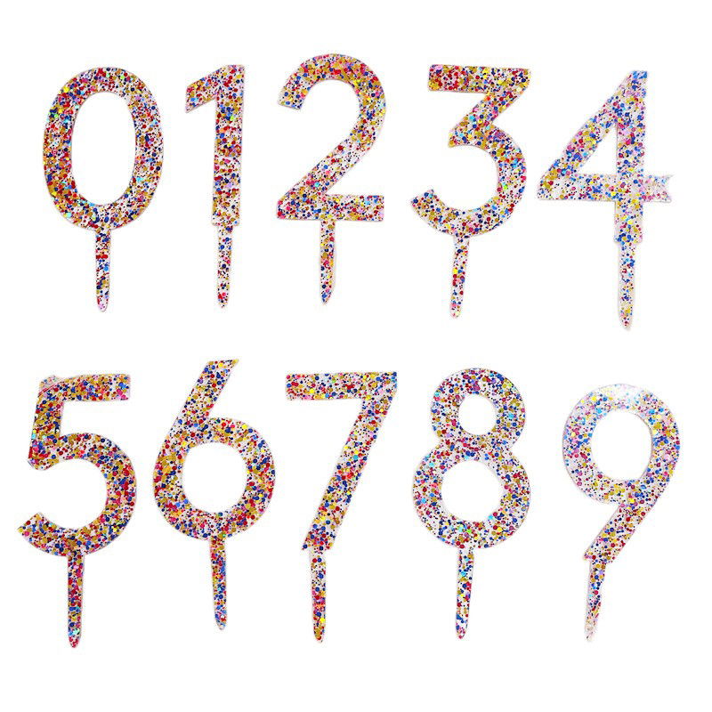 10 - 25 LEI - Decoratiune Topper pentru Tort, Flippy, din Acrilic cu Fulgi de Sclipici, Model Cifra 1, Inaltime 18.5 cm, Transparent Multicolor 