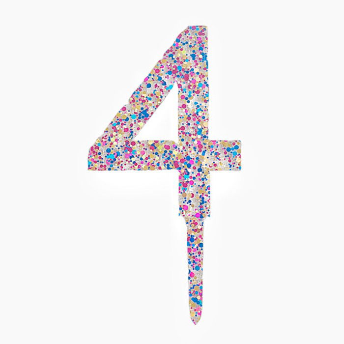 Decoratiune Topper pentru Tort, Flippy, din Acrilic cu Fulgi de Sclipici, Model Cifra 4, Inaltime 18.5 cm, Transparent Multicolor  [1]