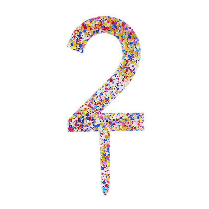 10 - 25 LEI - Decoratiune Topper pentru Tort, Flippy, din Acrilic cu Fulgi de Sclipici, Model Cifra 2, Inaltime 18.5 cm, Transparent Multicolor