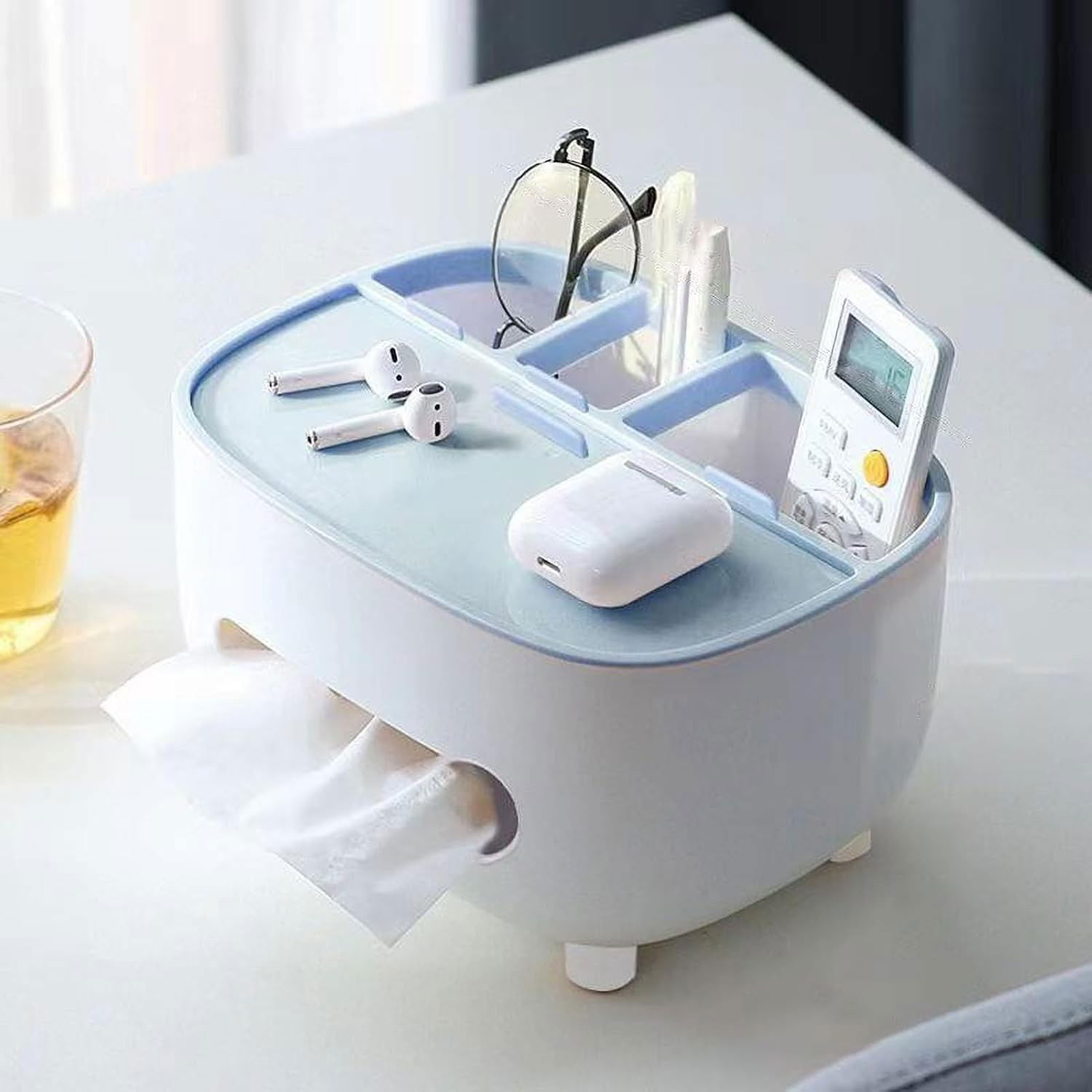 Pentru casa - Suport pentru Servetele, Flippy, Cutie Multifunctionala, Design Minimalist, ABS, cu Suport pentru Obiectele Personale, pentru Birou, 21x12x12 cm, Albastru