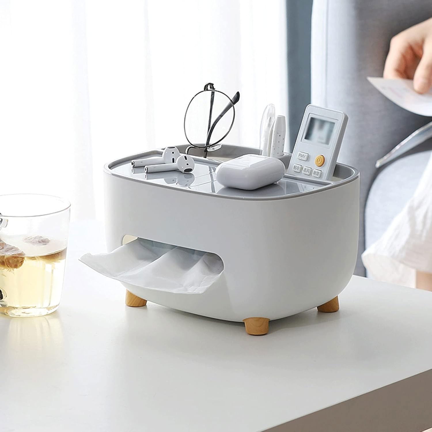 Suport pentru Servetele, Flippy, Cutie Multifunctionala, Design Minimalist, ABS, cu Suport pentru Obiectele Personale, pentru Birou, 21x12x12 cm, Gri [6]