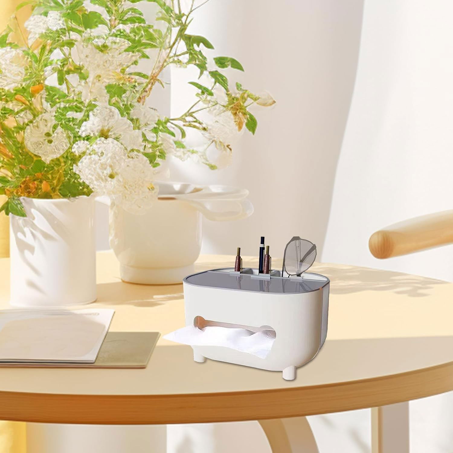 Suport pentru Servetele, Flippy, Cutie Multifunctionala, Design Minimalist, ABS, cu Suport pentru Obiectele Personale, pentru Birou, 21x12x12 cm, Gri [9]