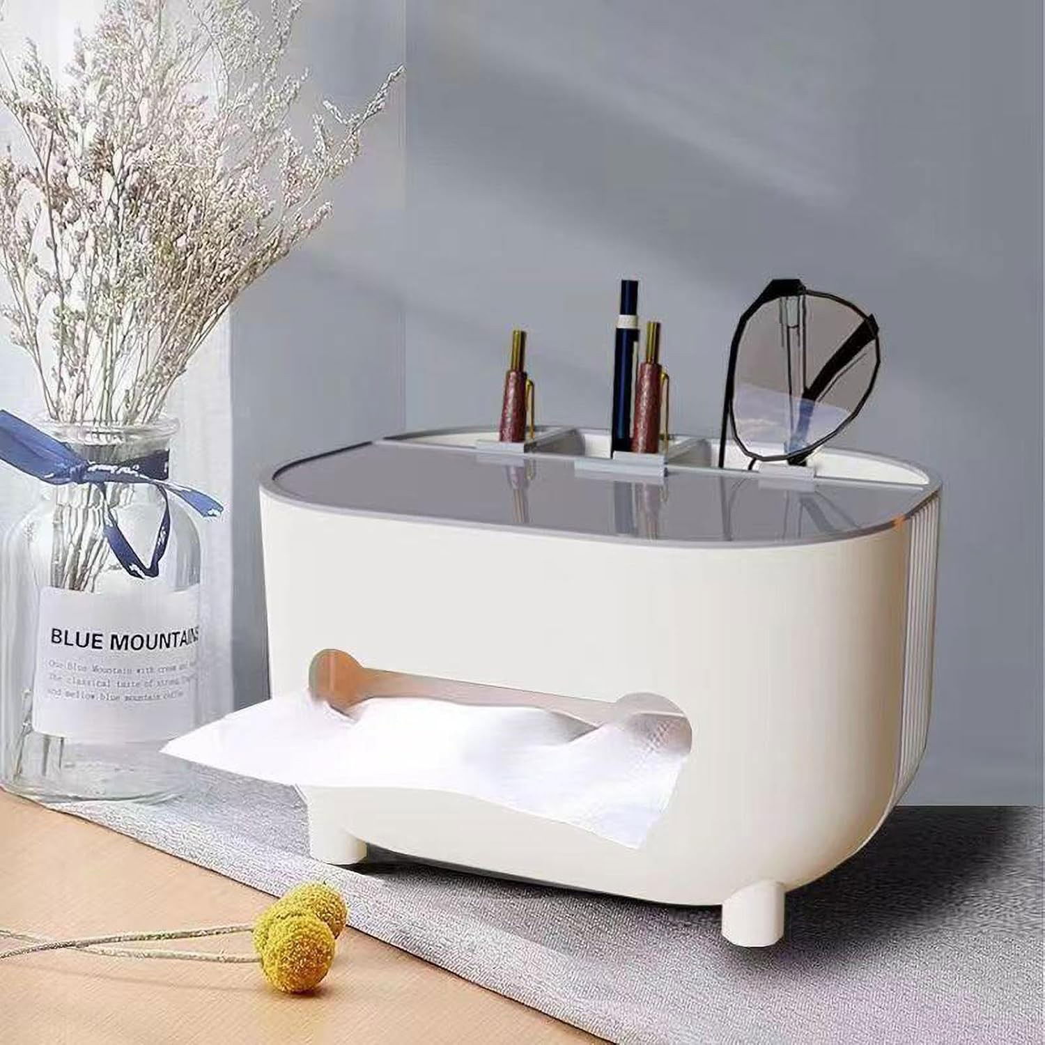 Suport pentru Servetele, Flippy, Cutie Multifunctionala, Design Minimalist, ABS, cu Suport pentru Obiectele Personale, pentru Birou, 21x12x12 cm, Gri [10]