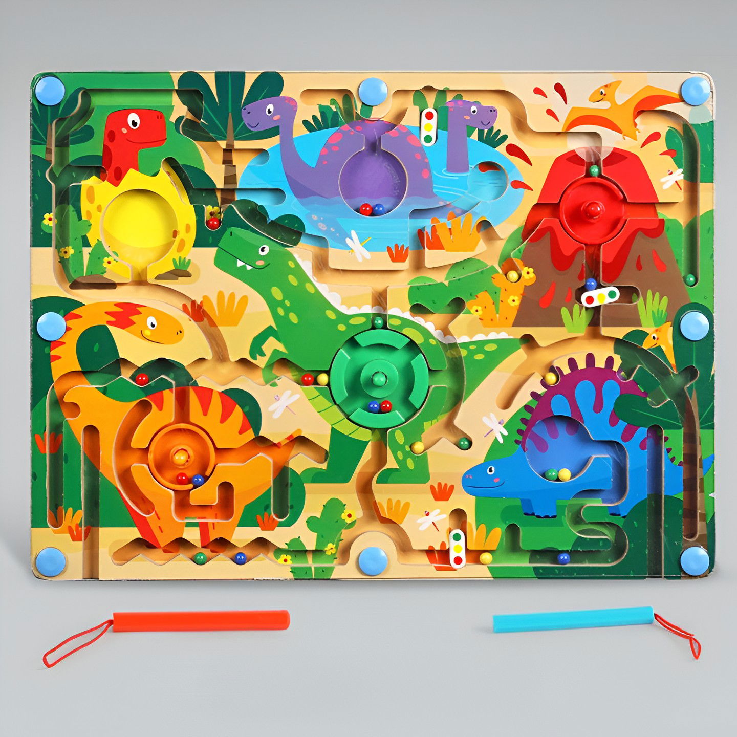 Joc Montessori de Sortare Culori, Flippy, Creion Magnetic, Tip Labirint Ilustrat, din Lemn, Model Dinozauri, 39x29x1.5 cm [3]