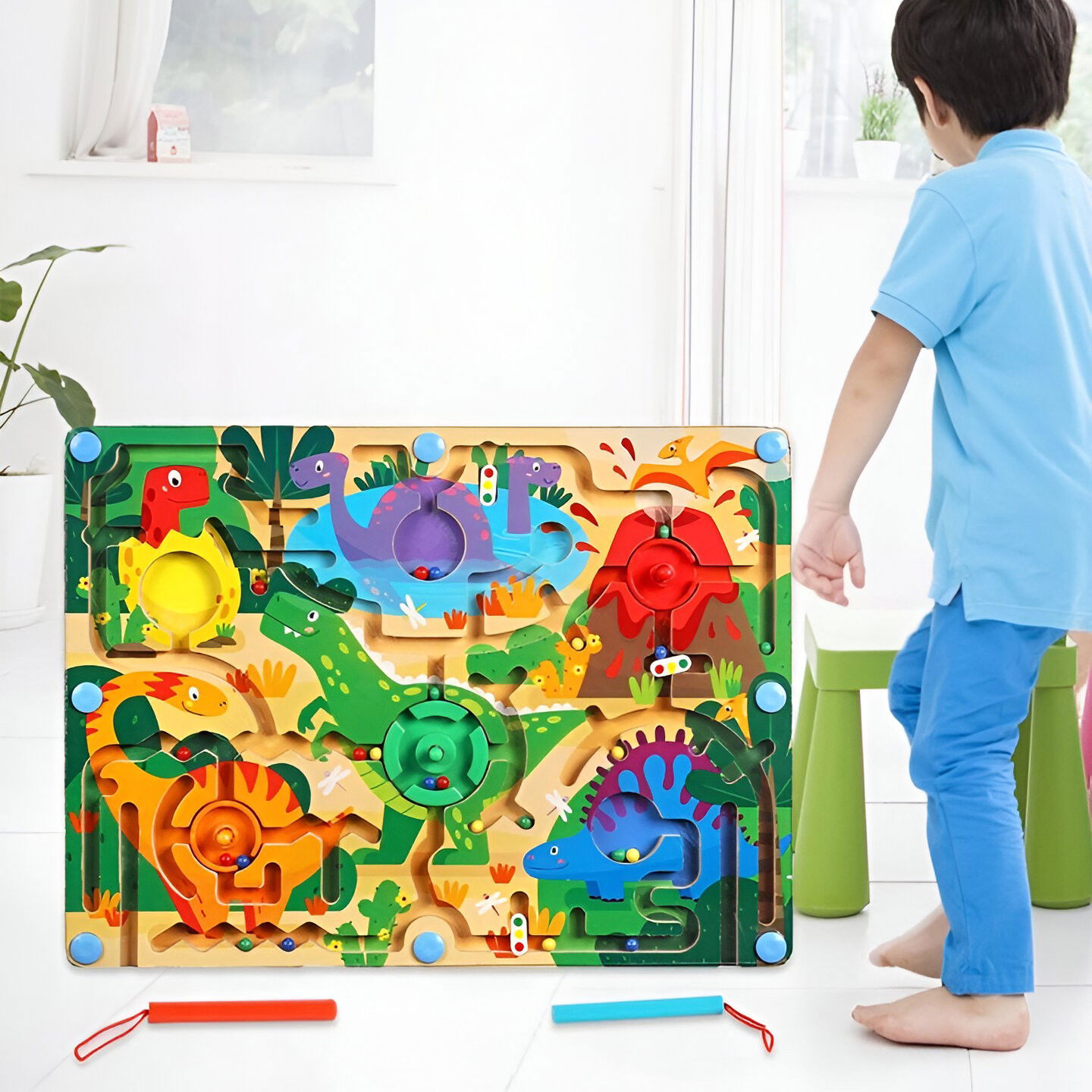 Joc Montessori de Sortare Culori, Flippy, Creion Magnetic, Tip Labirint Ilustrat, din Lemn, Model Dinozauri, 39x29x1.5 cm [5]