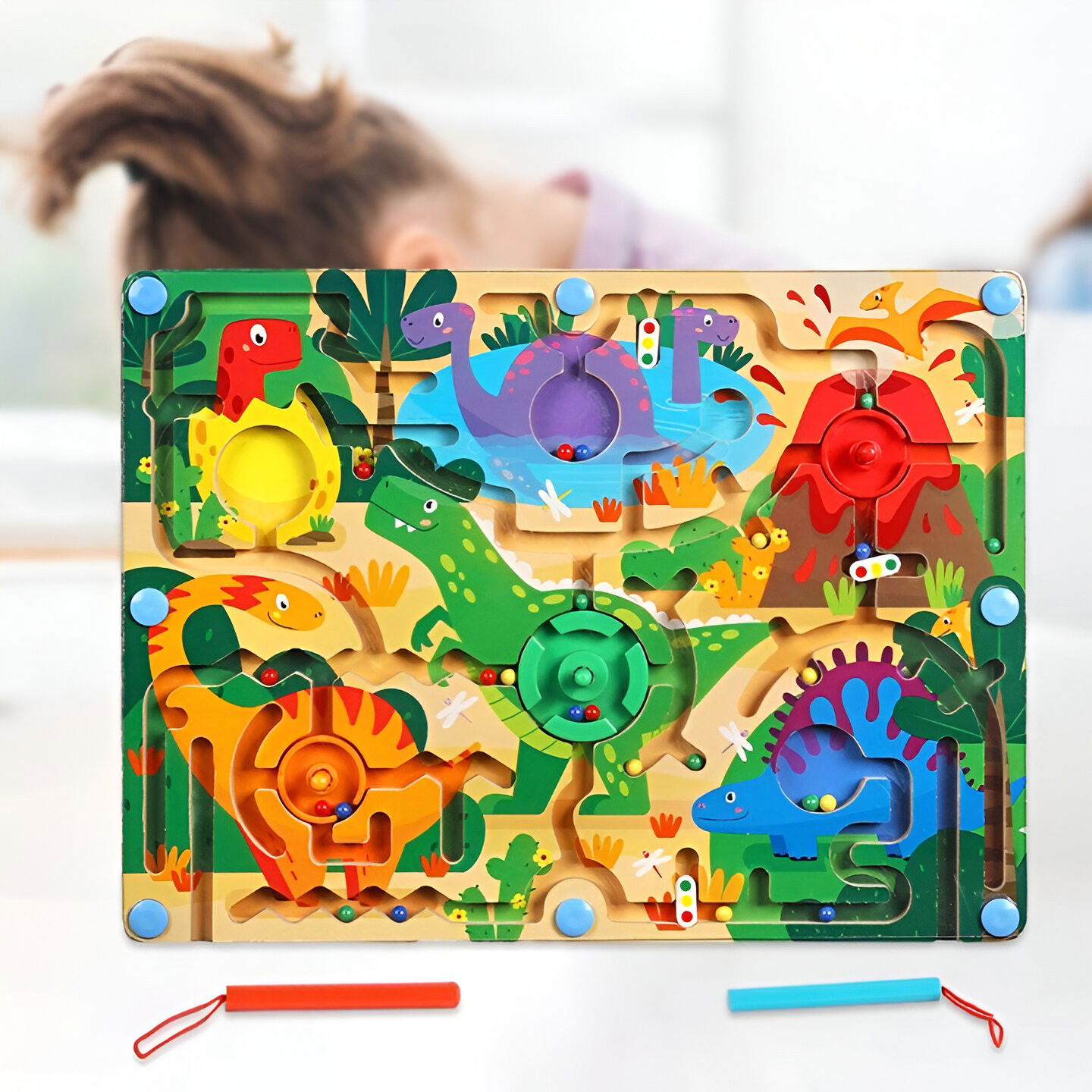 Joc Montessori de Sortare Culori, Flippy, Creion Magnetic, Tip Labirint Ilustrat, din Lemn, Model Dinozauri, 39x29x1.5 cm [6]