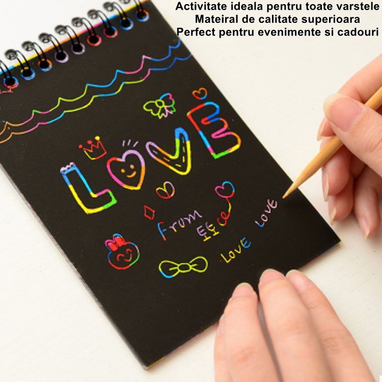 Caiet cu fise razuibile Flippy, DIY Magic Scratch, 12 File, Curcubeu, Creion din Lemn, Cartonase negre, 14 x 10 cm, galben [6]
