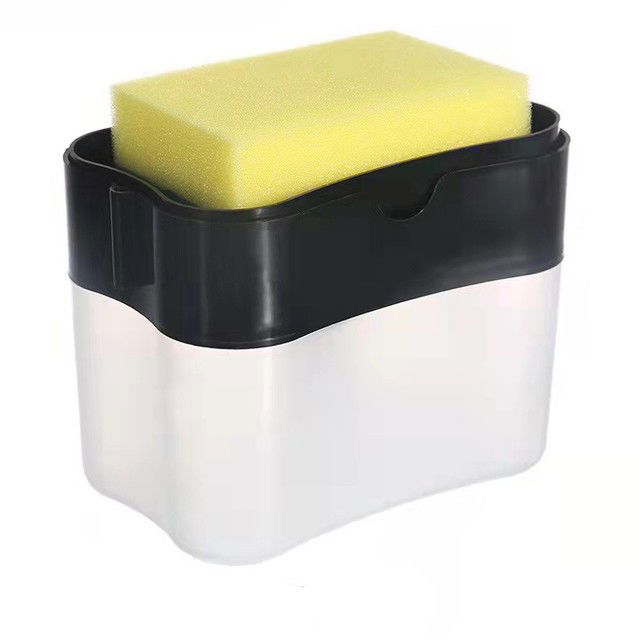 Accesorii Bucătărie - Dozator Flippy, Dispenser 2 in 1 pentru Detergent Lichid de Vase sau pentru Obiecte Sanitare cu Suport pentru Burete de Bucatarie ,14 x 10.5 x 10 cm, capacitate 380 ml, negru