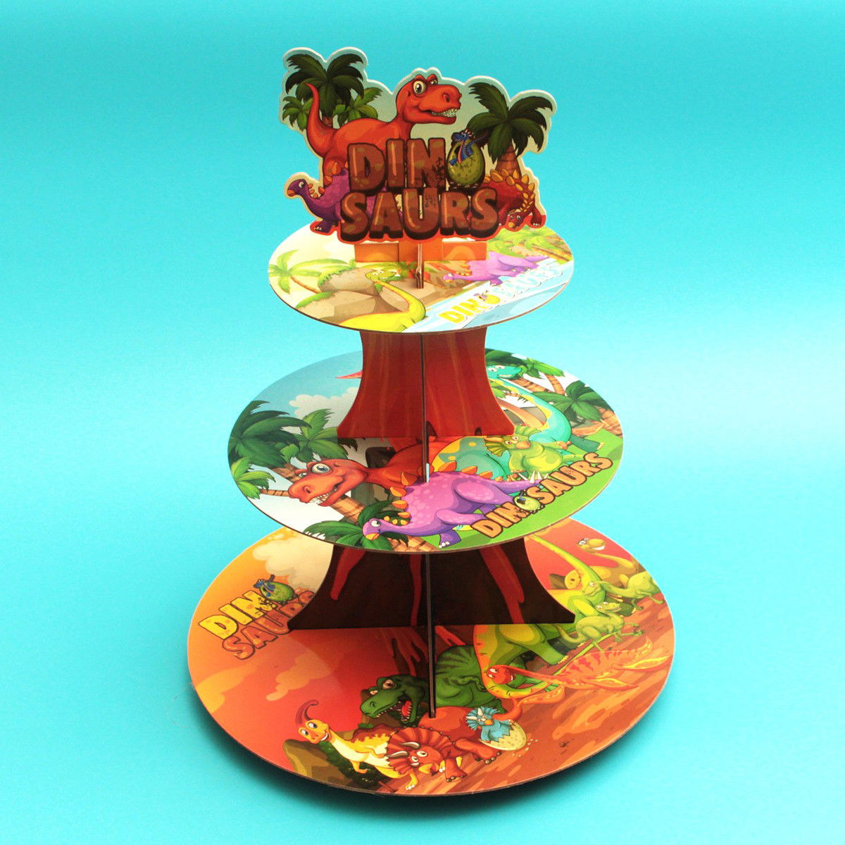 Etajera pentru Prajituri, Flippy, din Carton, 3 Nivele, 16/22/29 cm Diametru, Inaltime 38 cm, Tema Dinozauri, Multicolor [5]