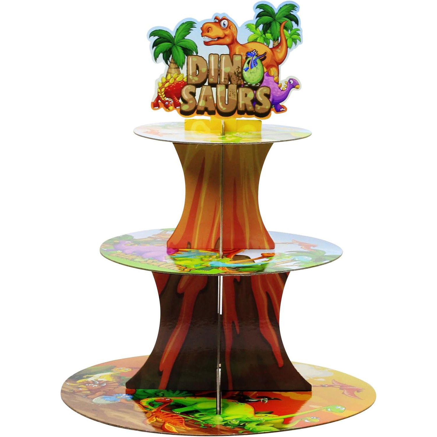 Etajera pentru Prajituri, Flippy, din Carton, 3 Nivele, 16/22/29 cm Diametru, Inaltime 38 cm, Tema Dinozauri, Multicolor [4]
