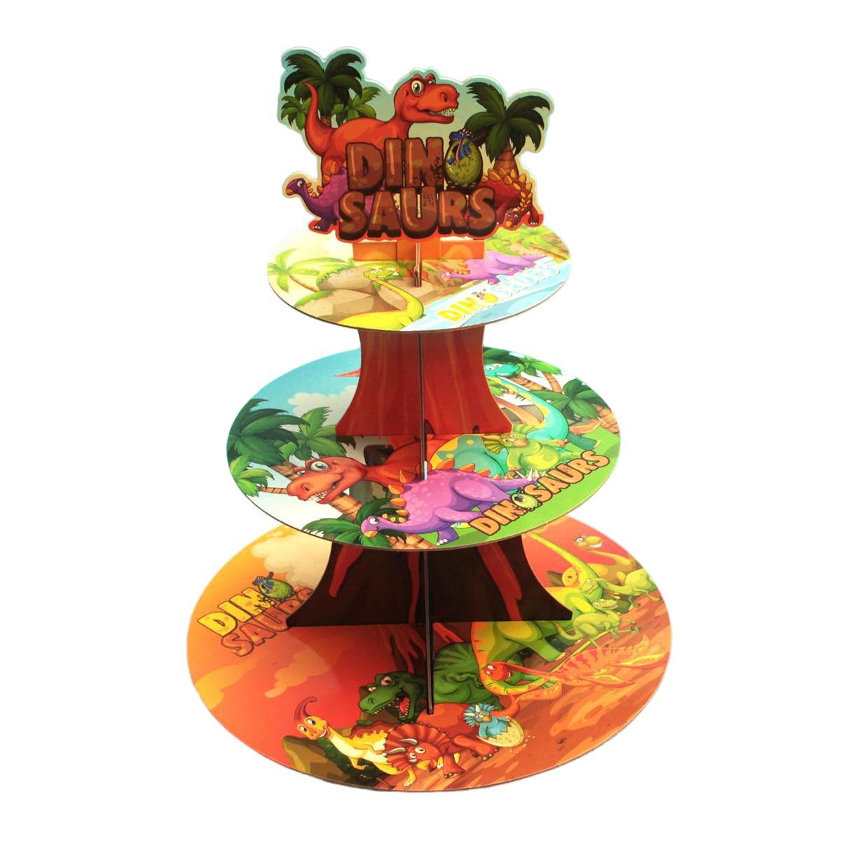 Etajera pentru Prajituri, Flippy, din Carton, 3 Nivele, 16/22/29 cm Diametru, Inaltime 38 cm, Tema Dinozauri, Multicolor [6]