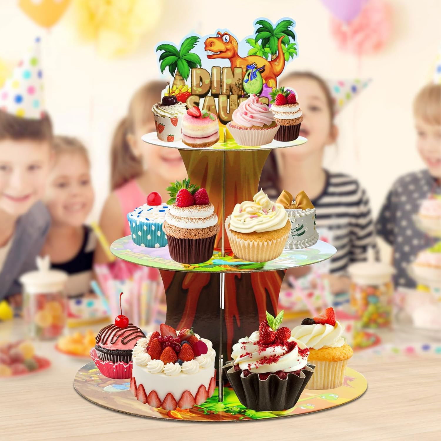 Etajera pentru Prajituri, Flippy, din Carton, 3 Nivele, 16/22/29 cm Diametru, Inaltime 38 cm, Tema Dinozauri, Multicolor [2]