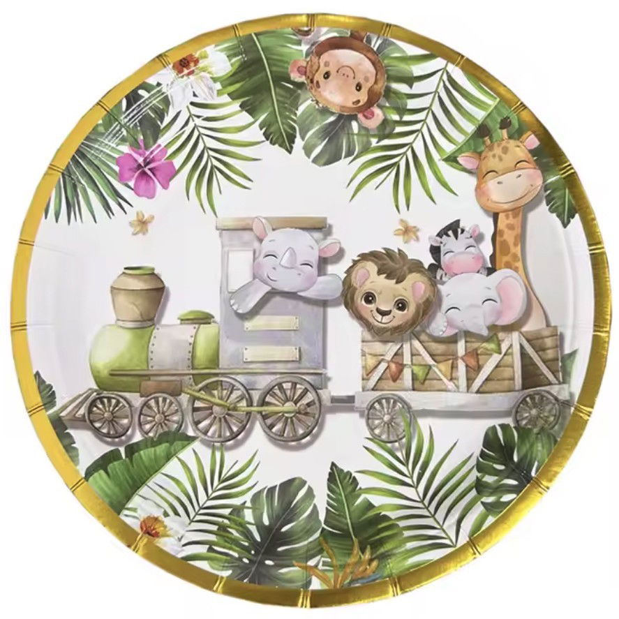 Accesorii Petrecere - Farfurii Cartonate pentru Petreceri, Flippy, Farfurii cartonate de unica Folosinta pentru Zile de Nastere, Model Safari cu animale, set 10 buc, Diametru 23 cm, Multicolor