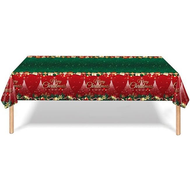 Petrecere - Fata de Masa Festiva, Flippy, Dreptunghiulara, Imprimeu Merry Christmas, Tema Craciun, Rezistenta la Apa, din PVC, 137 x 274 cm, Rosu/Verde