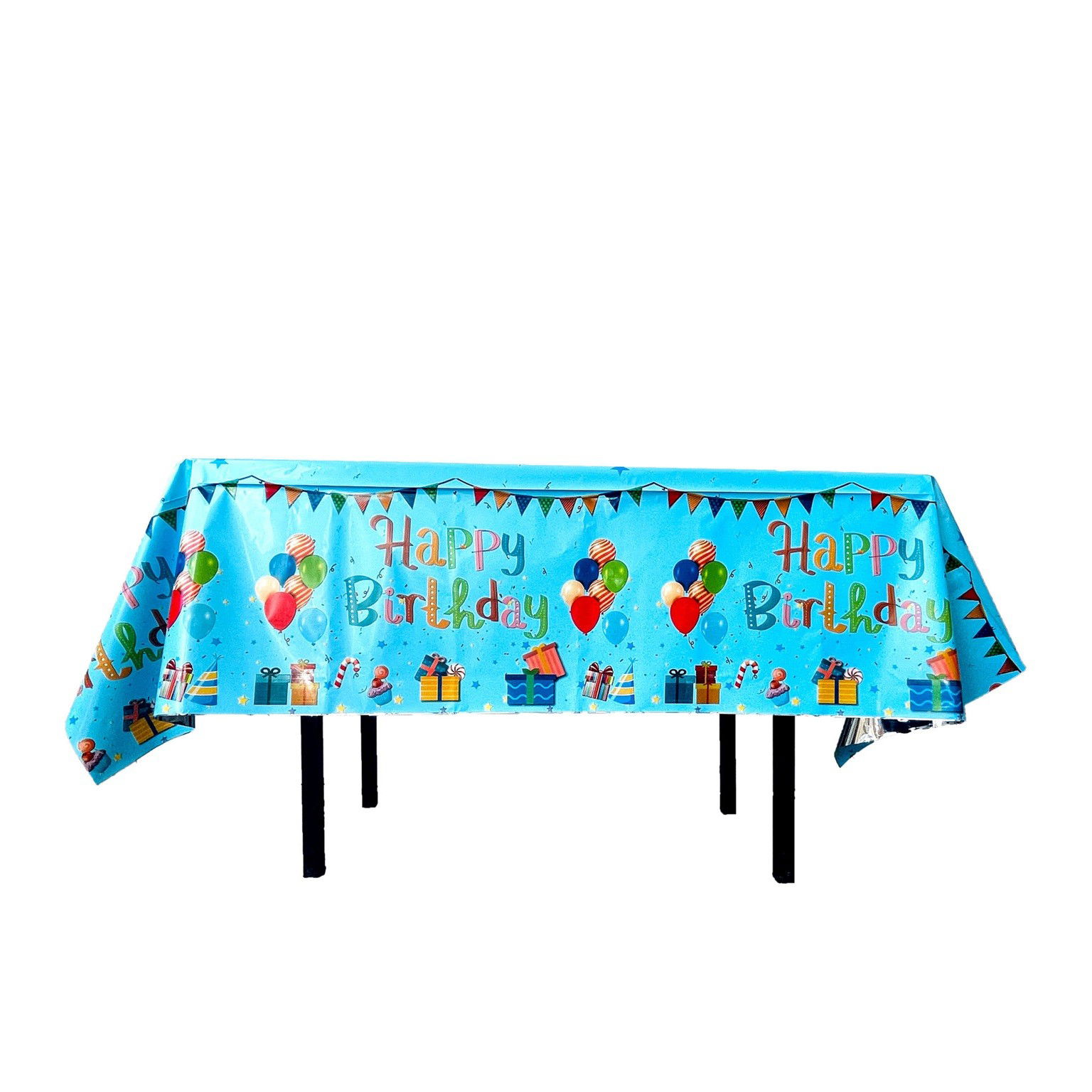 10 - 25 LEI - Fata de Masa, Flippy, din Folie, Imprimeu Happy Birthday cu Baloane, 137 x 274 cm, Albastru