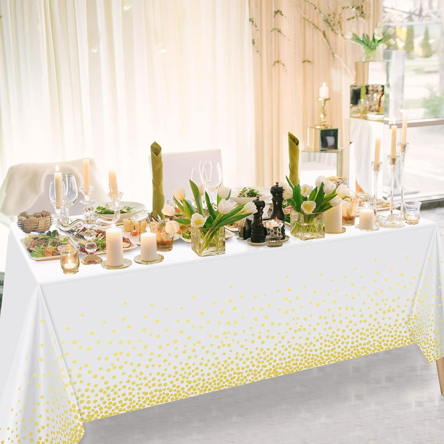 Fata de Masa, Flippy, din PEVA, Imprimeu Buline, 137 x 274 cm, Impermeabila, Fara Pete, Curatare Rapida, Auriu [3]