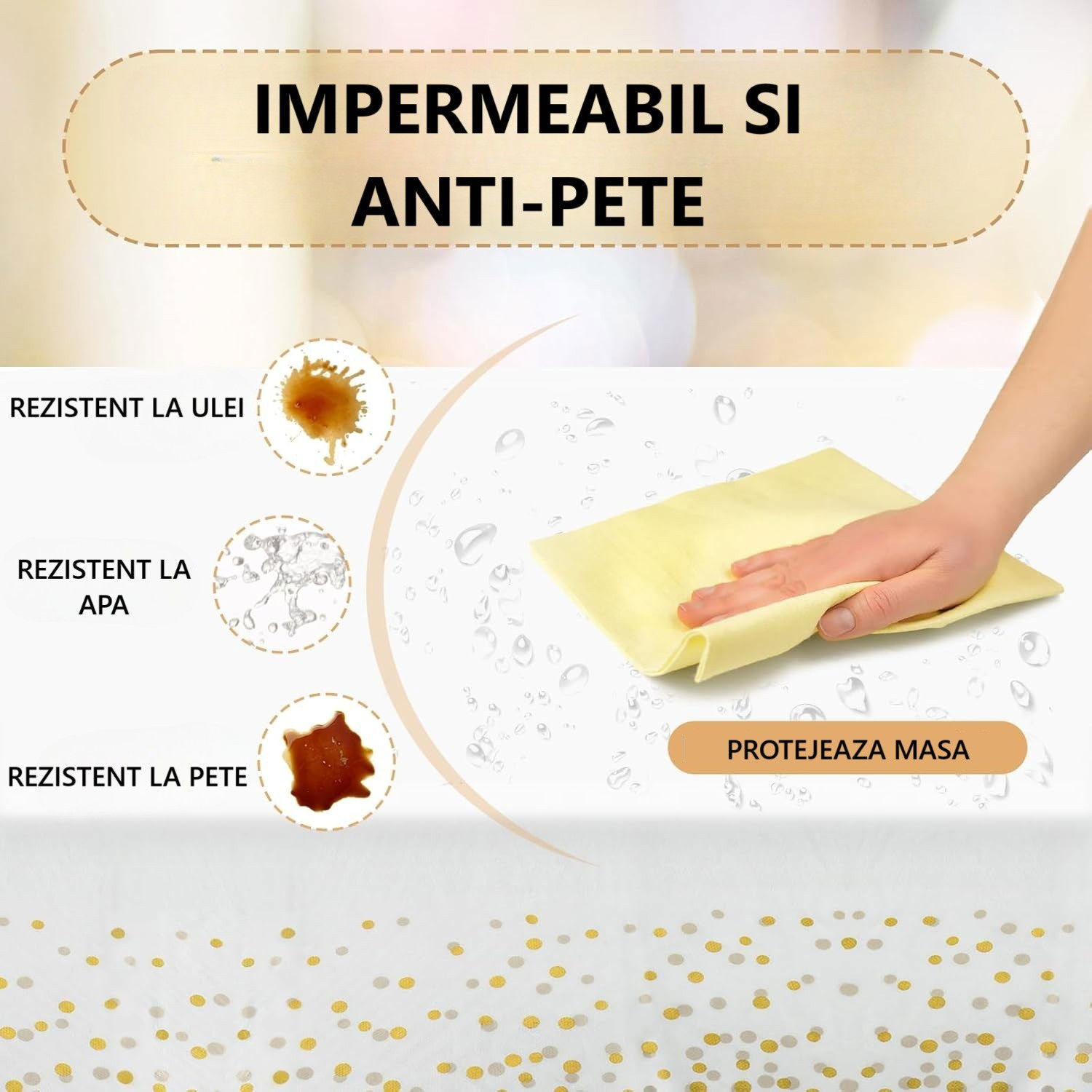 Fata de Masa, Flippy, din PEVA, Imprimeu Buline, 137 x 274 cm, Impermeabila, Fara Pete, Curatare Rapida, Crem [4]