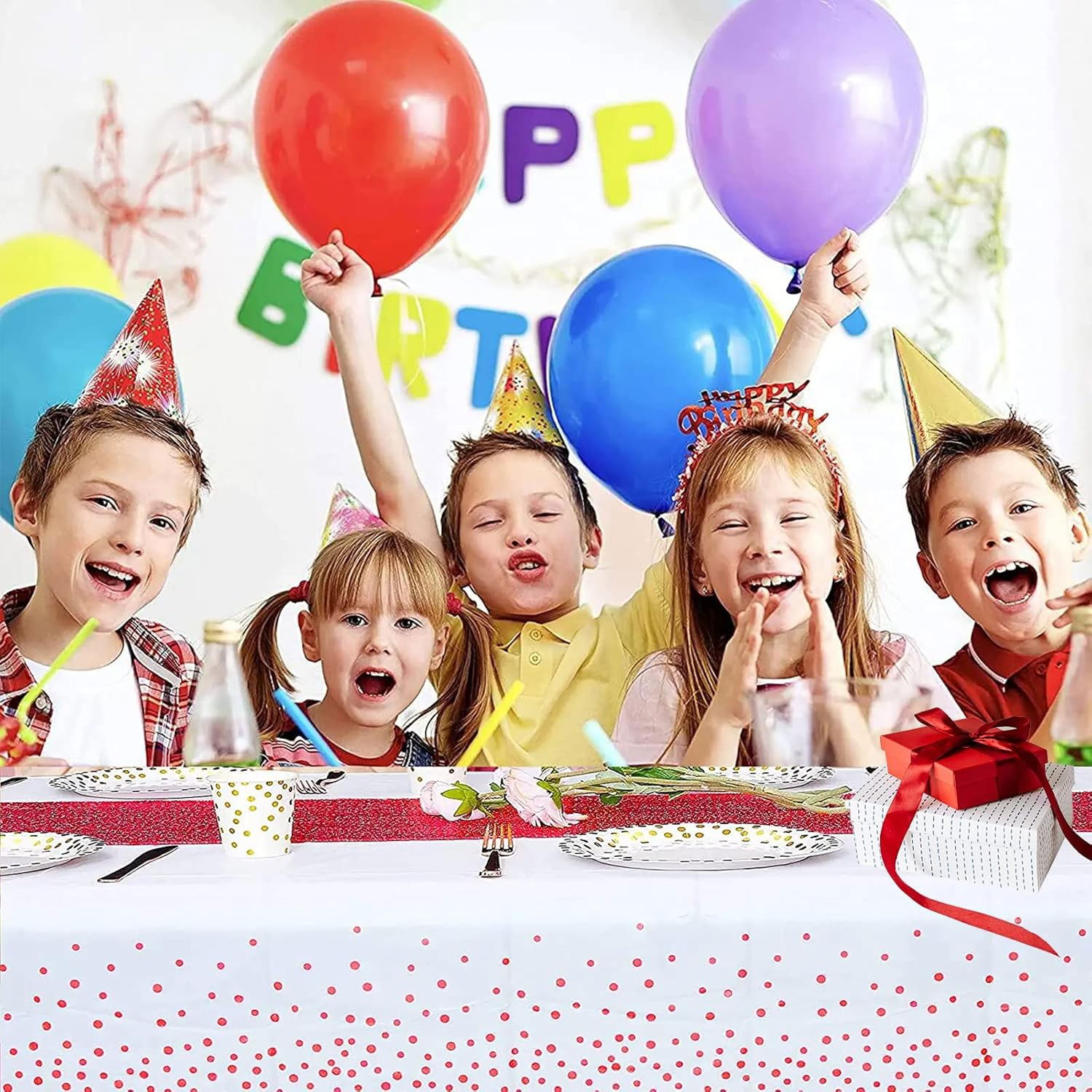 Fata de Masa, Flippy, din PEVA, Imprimeu Buline, 137 x 274 cm, Impermeabila, Fara Pete, Curatare Rapida, Rosu [3]