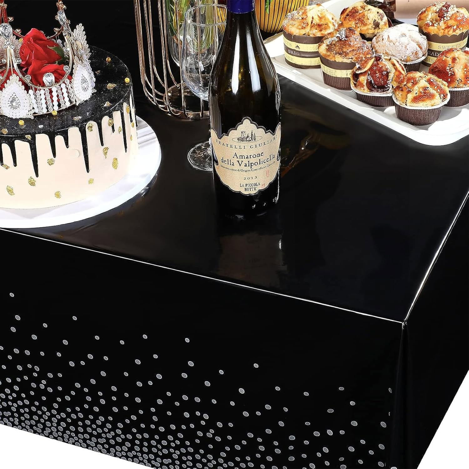 Fata de Masa, Flippy, din PEVA, Imprimeu Buline Argintii, 137 x 274 cm, Impermeabila, Fara Pete, Curatare Rapida, Negru [5]