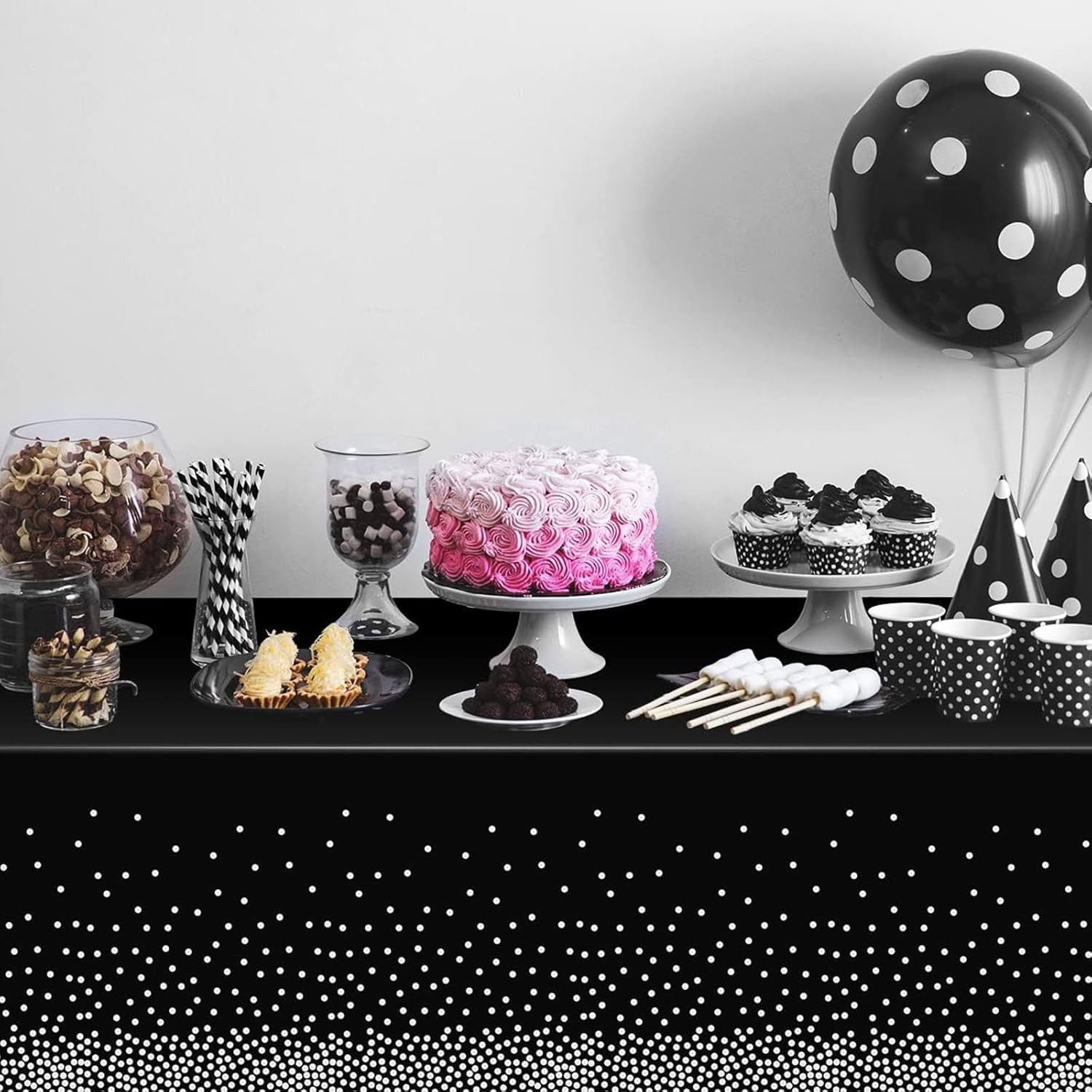 Fata de Masa, Flippy, din PEVA, Imprimeu Buline Argintii, 137 x 274 cm, Impermeabila, Fara Pete, Curatare Rapida, Negru [4]